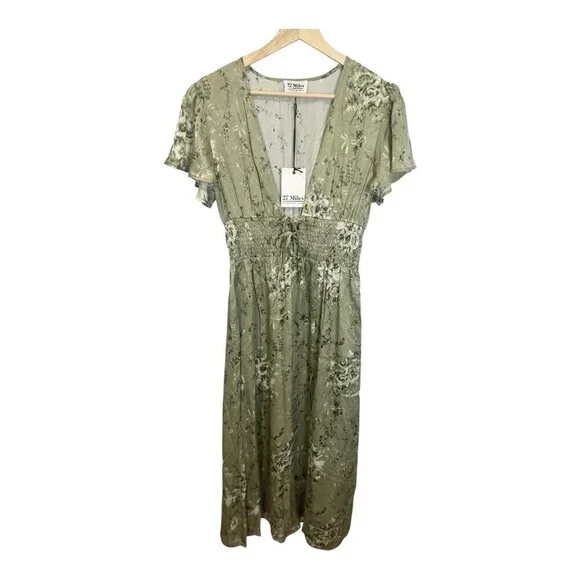 27 Miles Malibu Green Floral Boho Dress Small Short Sleeve Tie Front Cottagecore - Picture 2 of 9